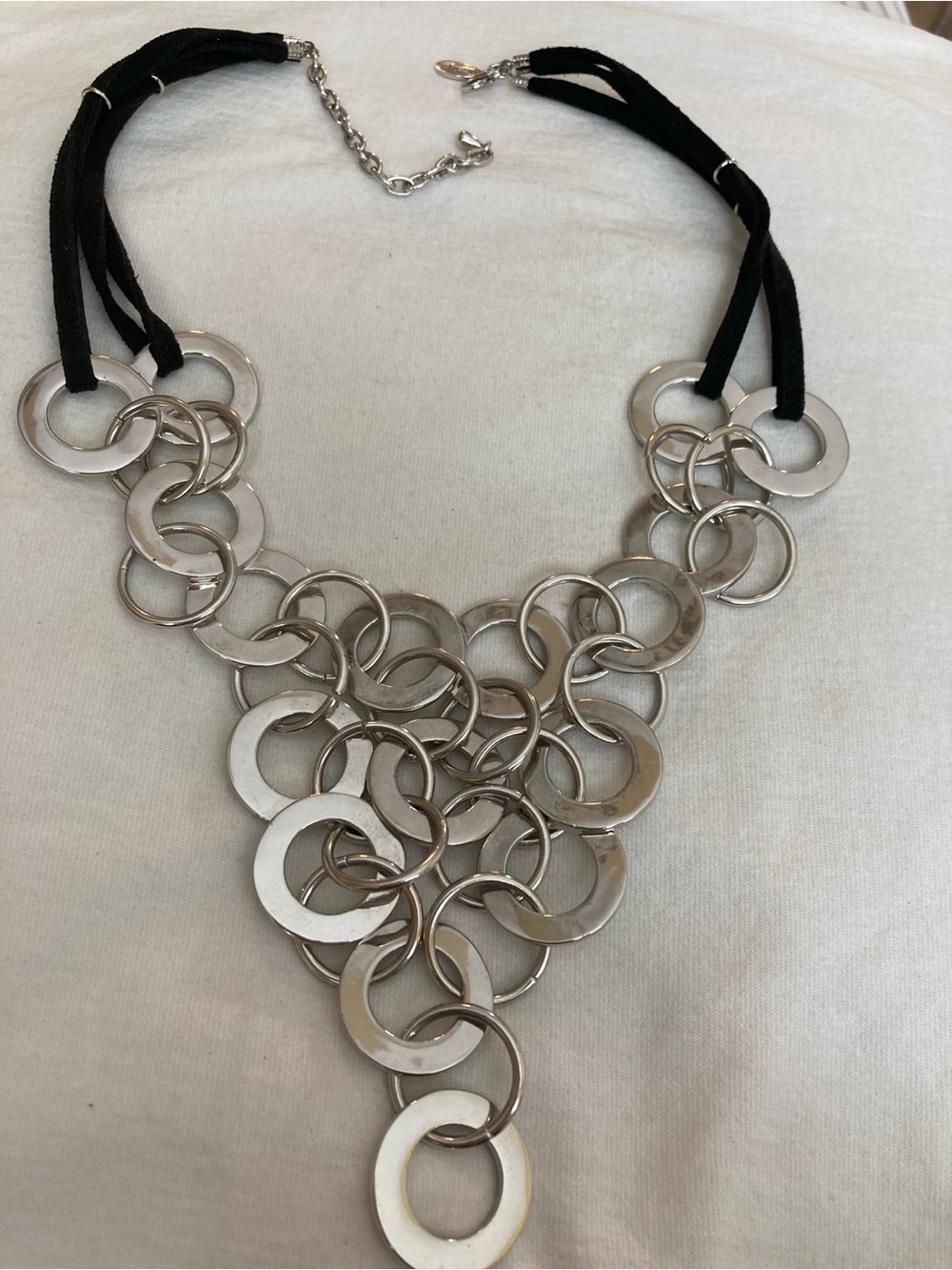 Traci Lynn Signed Silver Tone
Link Statement Bib Necklace Black Cords